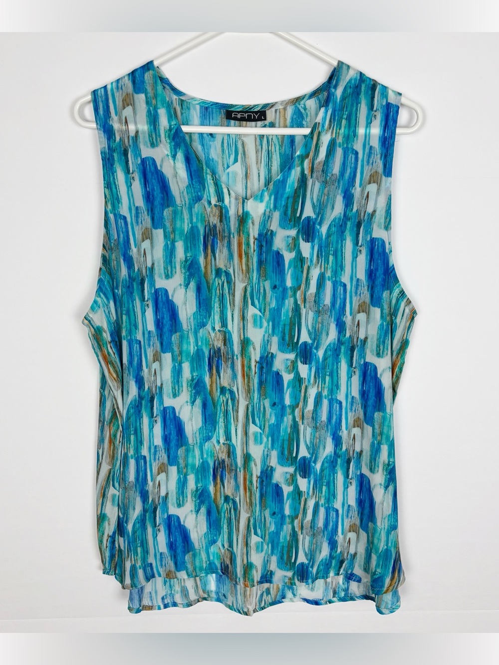 APNY Blouse Size Large Sleeveless V Neck  Blue Water Color Abstract Colorful